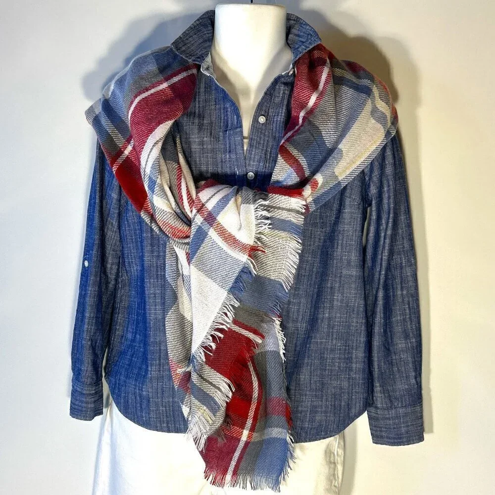 Scarf / wrap Blue & red large 58x58 plaid soft ranch academia USA wardrobe stapl